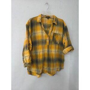 Taxi‎ Plaid Button Up Shirt Women 2X Yellow Grey Cotton Flannel Roll Tab Sleeve